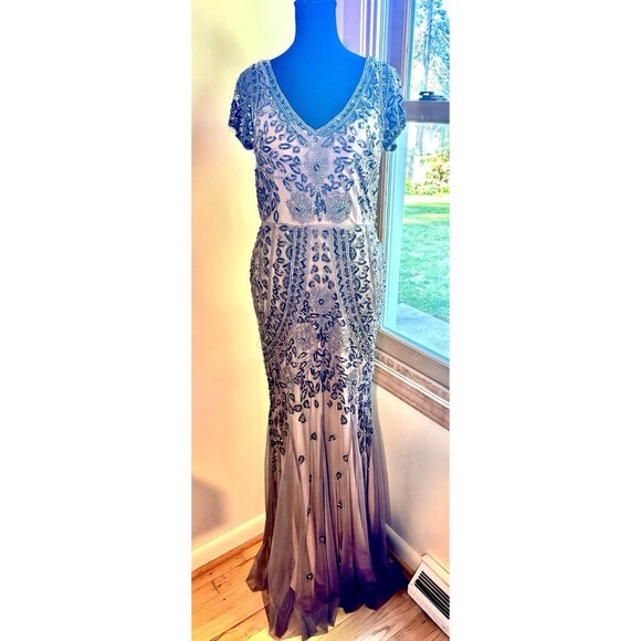 David's Bridal Dresses & Skirts - DAVID’S BRIDAL Taupe Silk V-neck Black Beads Nude Lined Cap Sleeves Long Dress 4
